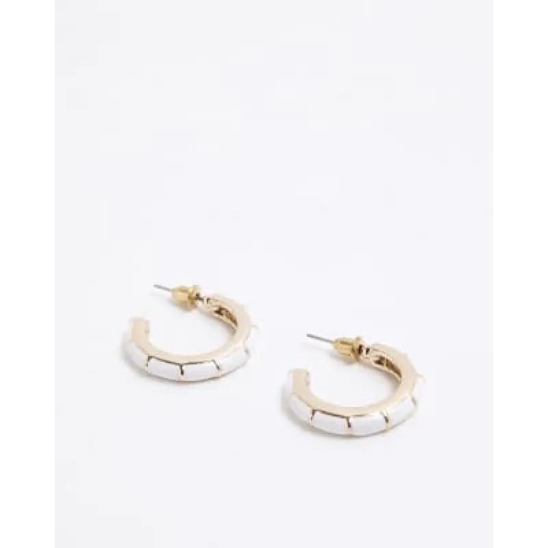 White Enamel Bamboo Hoop Earrings sold by River Island