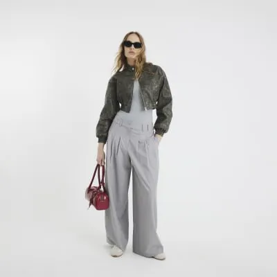 Grey Faux Leather Cropped Bomber Jacket sold by River Island