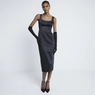 Black Satin Tailored Midi Dress sold by River Island