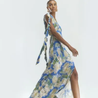 Blue Floral Ruffle Slip Dress sold by River Island