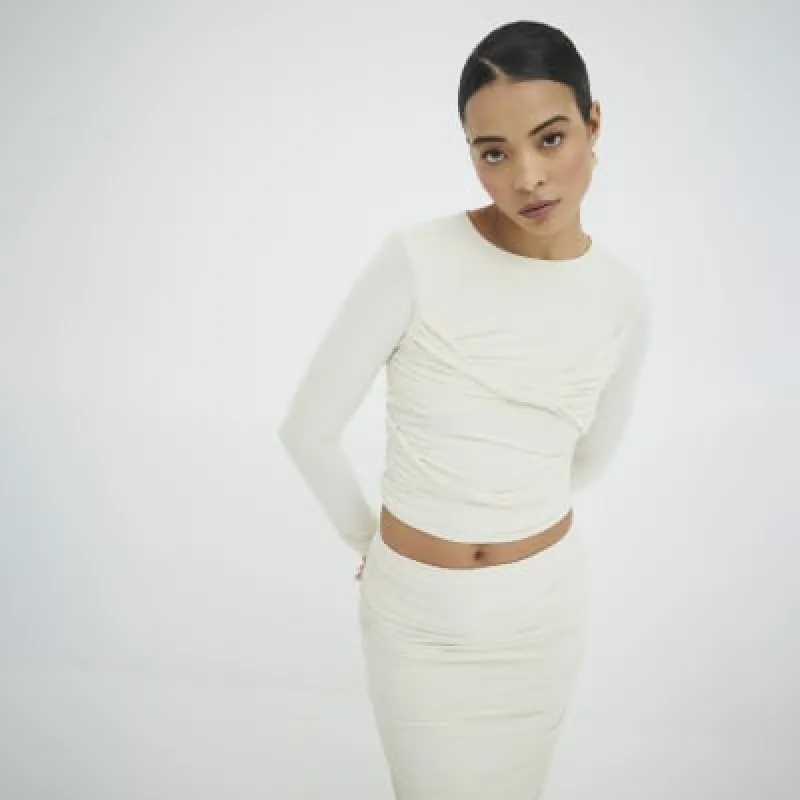 Cream Long Sleeve Ruched Top sold by River Island