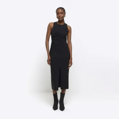 Black ruched split bodycon midi dress sold by River Island