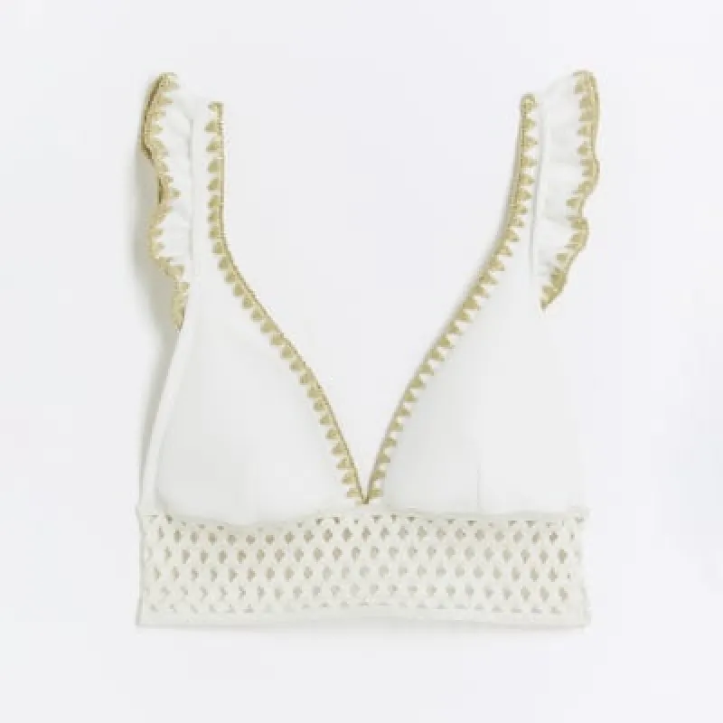 White Frill Elastic Bikini Top made by River Island