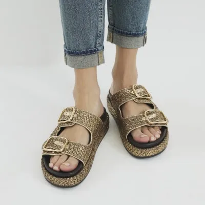 Gold Wide Fit Double Strap Footbed Sandals sold by River Island