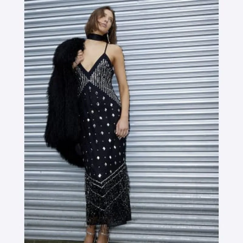 Black Premium Embellished Midi Dress sold by River Island