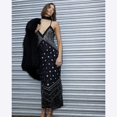 Black Premium Embellished Midi Dress sold by River Island