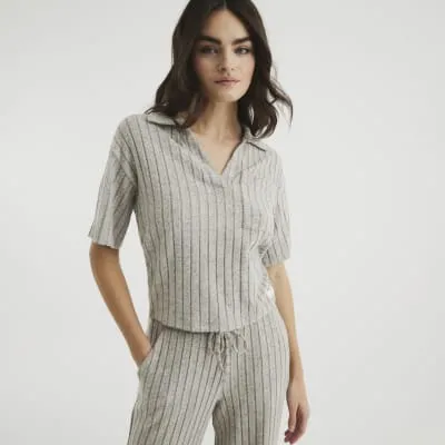 Brown Marl Ribbed Button Loungewear Top sold by River Island