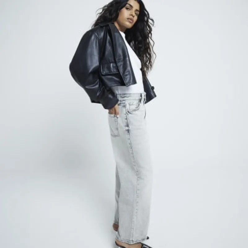 Petite Grey Relaxed Straight Jeans sold by River Island