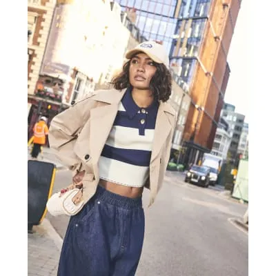 Navy Cropped Stripe Polo Shirt sold by River Island