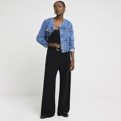 Black Elasticated Wide Leg Trousers sold by River Island