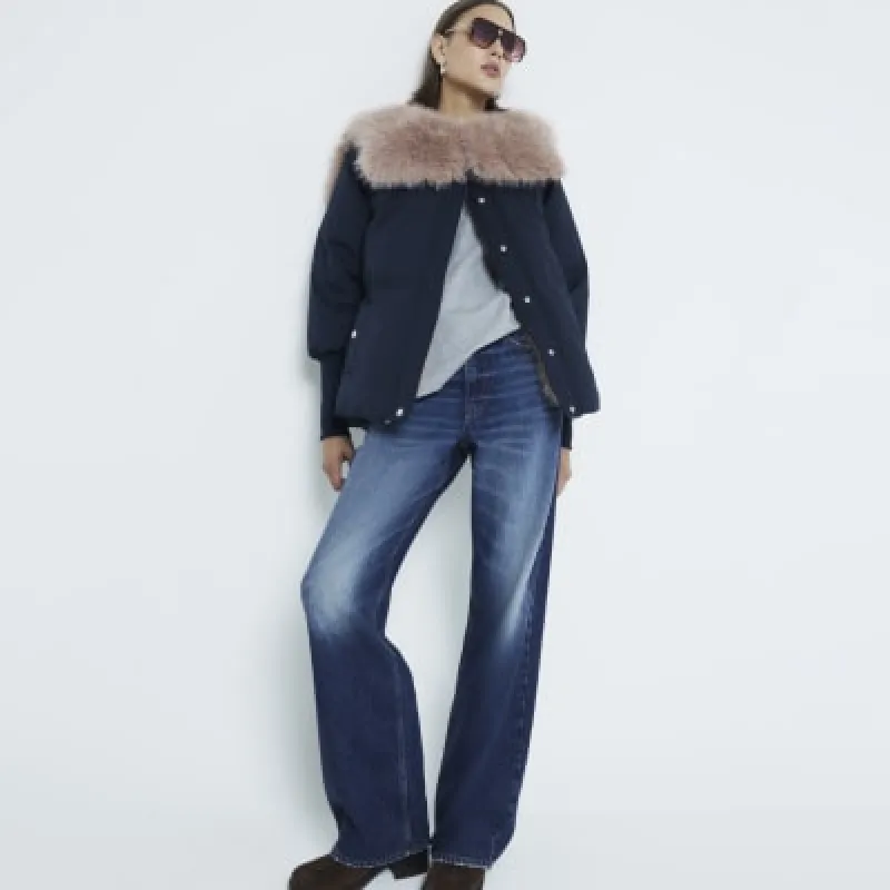 Navy Padded Faux Fur Collar Jacket sold by River Island