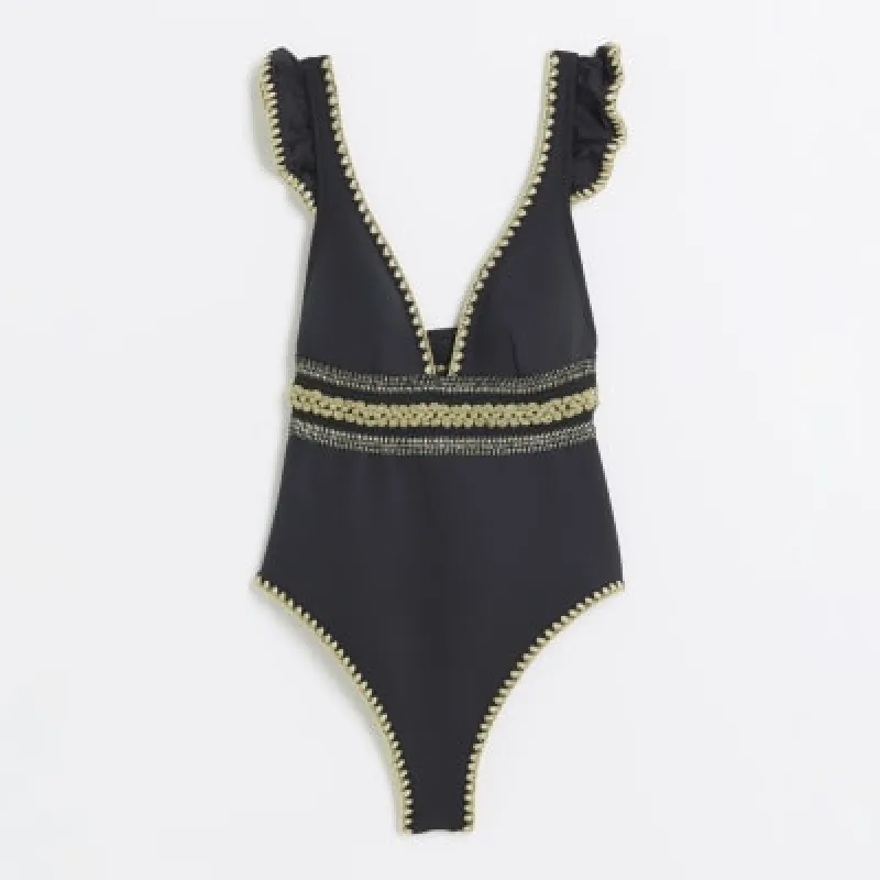 Black Scuba Plunge Cutwork Swimsuit sold by River Island