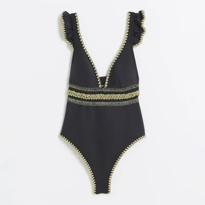 Black Scuba Plunge Cutwork Swimsuit sold by River Island