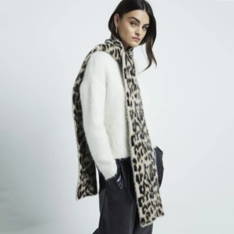 Beige Leopard Fluffy Skinny Scarf sold by River Island