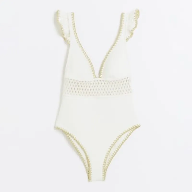 White Scuba Plunge Cutwork Swimsuit sold by River Island