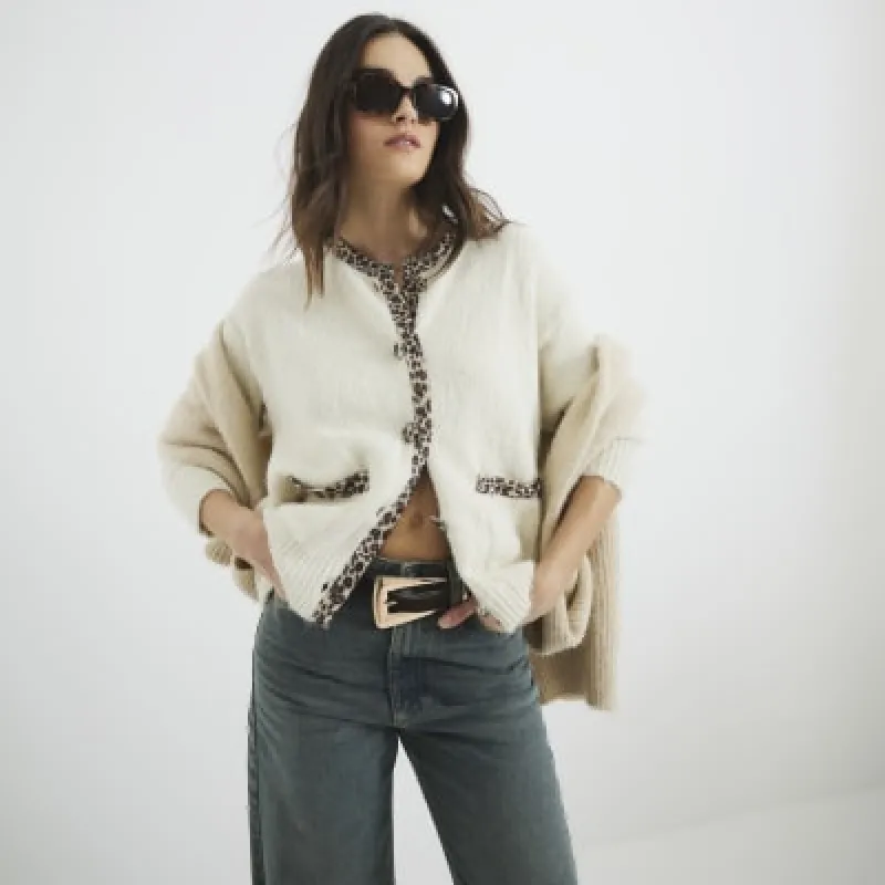 Cream Leopard Trim Cardigan sold by River Island