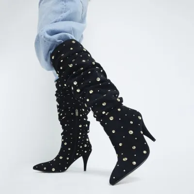 Black Faux Suede Stud Knee High Boots sold by River Island