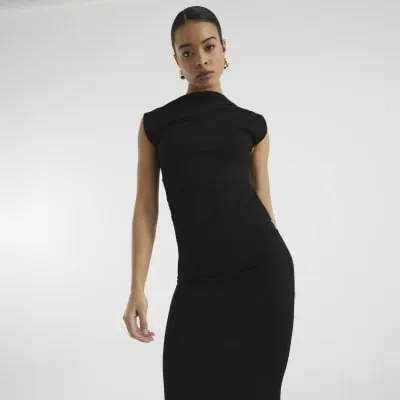 Black Short Sleeve Draped High Neck Top sold by River Island