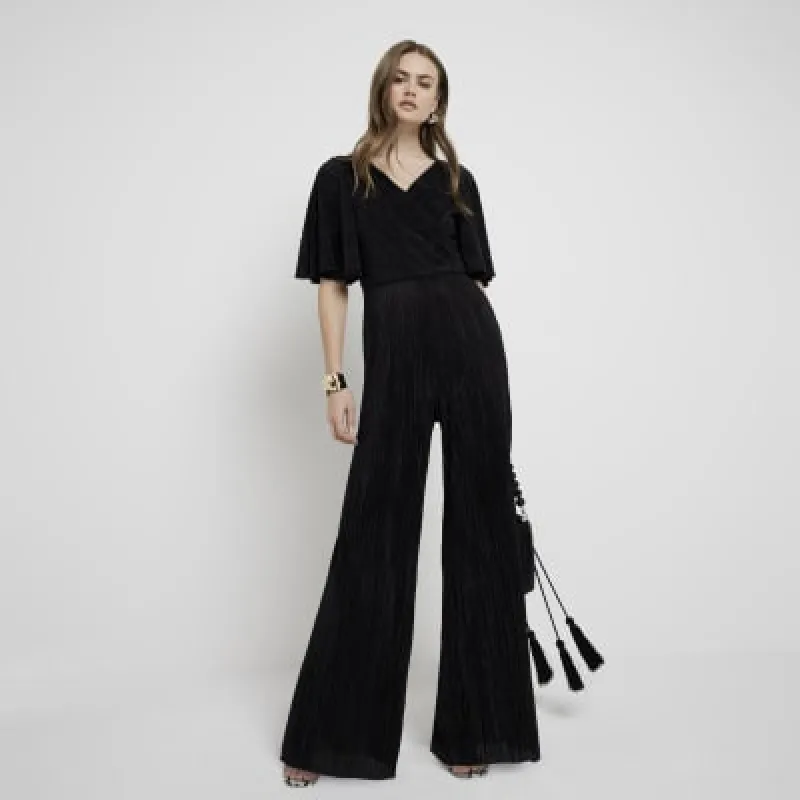 Black plisse wrap jumpsuit sold by River Island