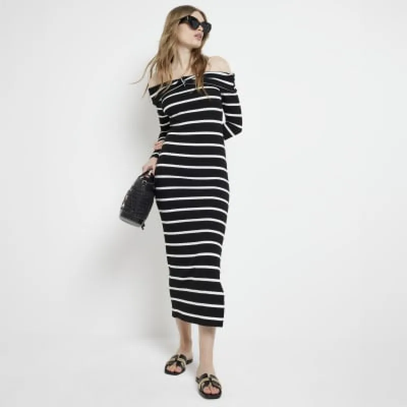 Black ribbed stripe bardot bodycon midi dress sold by River Island
