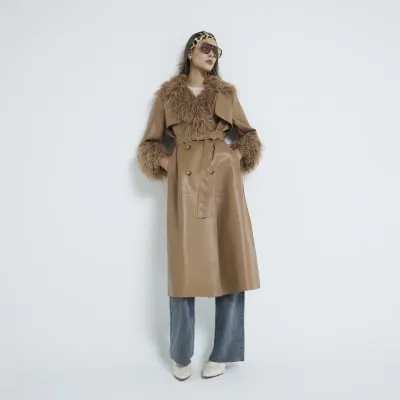 Brown Faux Fur Trim Faux Leather Trench Coat sold by River Island