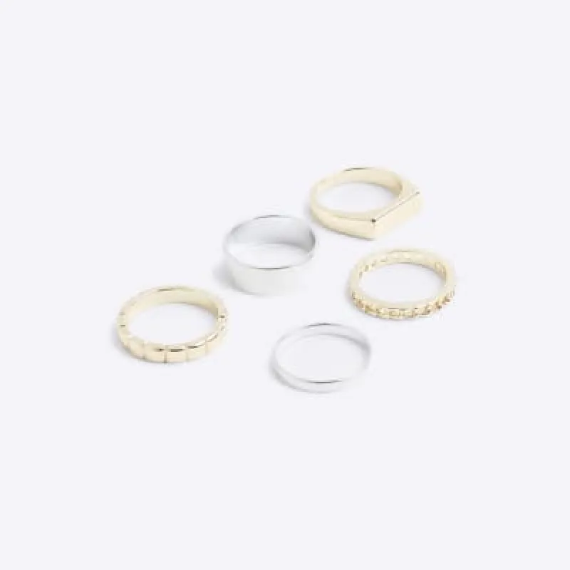 5 Pack gold colour signet rings sold by River Island