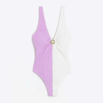 Purple Spliced Stripe Texture Swimsuit sold by River Island