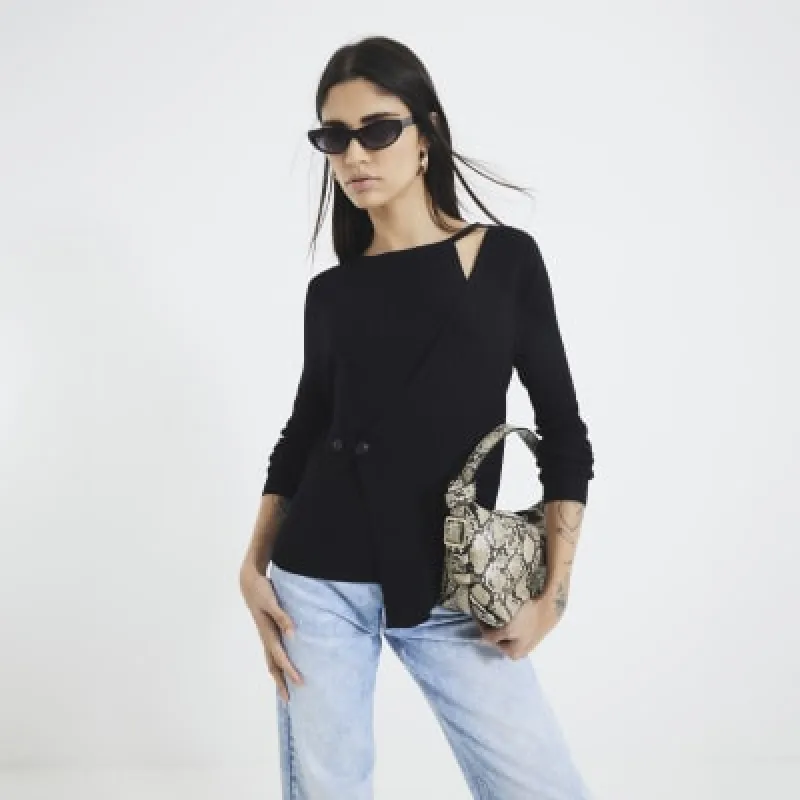 Black Long Sleeved Wrap Asymmetric Top made by River Island