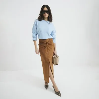 Brown Faux Suede Twist Front Midi Skirt sold by River Island