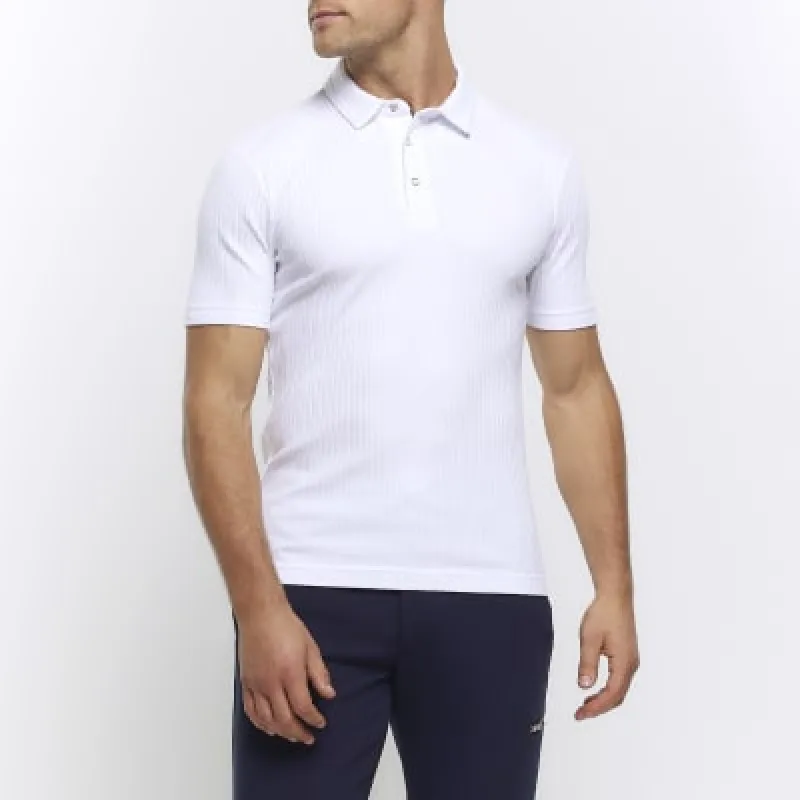 White muscle fit rib short sleeve polo sold by River Island