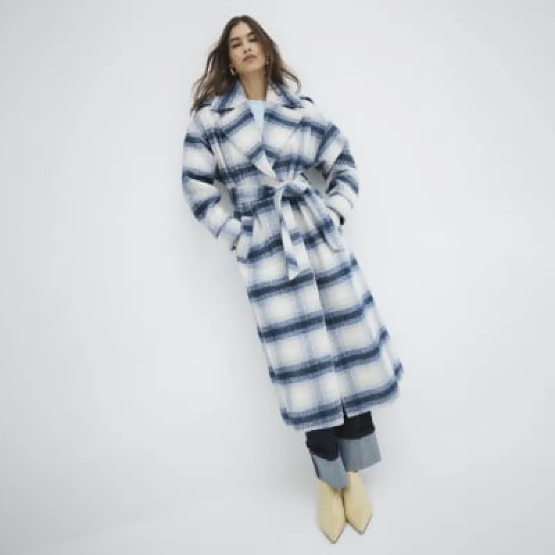 Blue Check Belted Coat sold by River Island