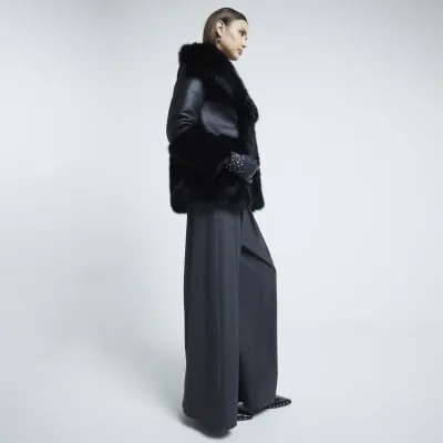 Black Buckle Faux Fur Trim Aviator Jacket sold by River Island