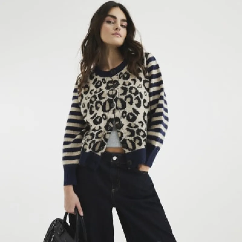 Navy Long Sleeve Leopard Stripe Cardigan sold by River Island