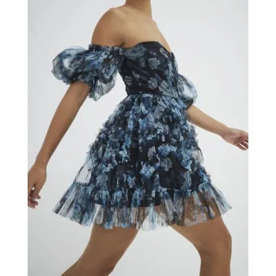 Blue Floral Bardot Tiered Mini Dress sold by River Island