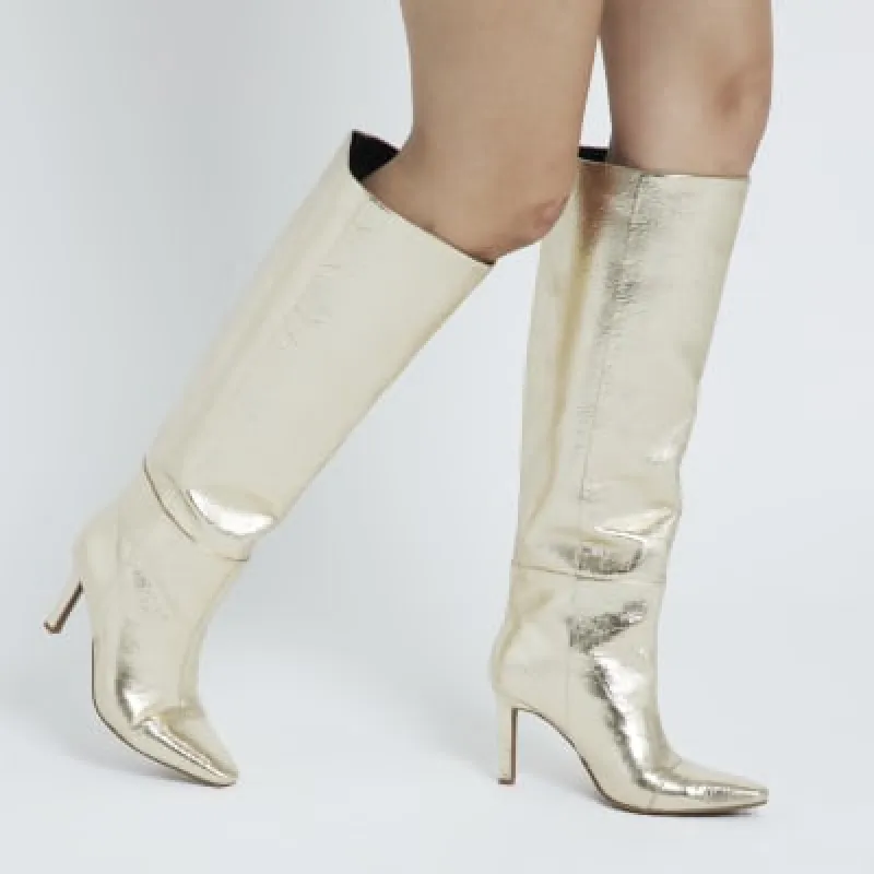 Gold Wide Fit Knee High Heeled Boots sold by River Island