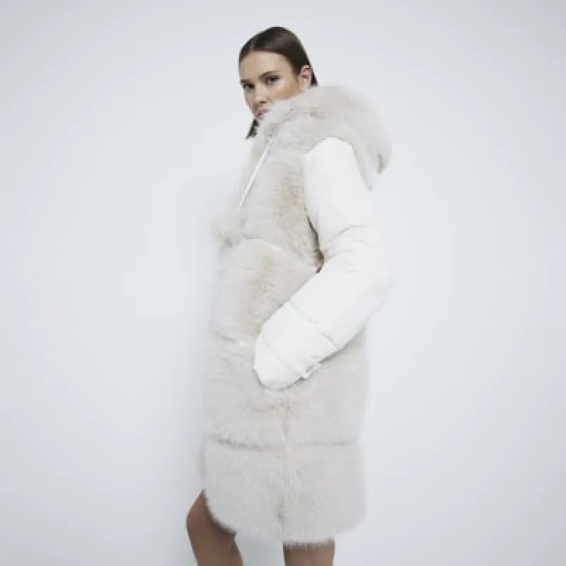 Cream Faux Fur Padded Pom Pom Coat sold by River Island
