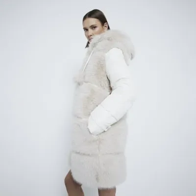 Cream Faux Fur Padded Pom Pom Coat sold by River Island
