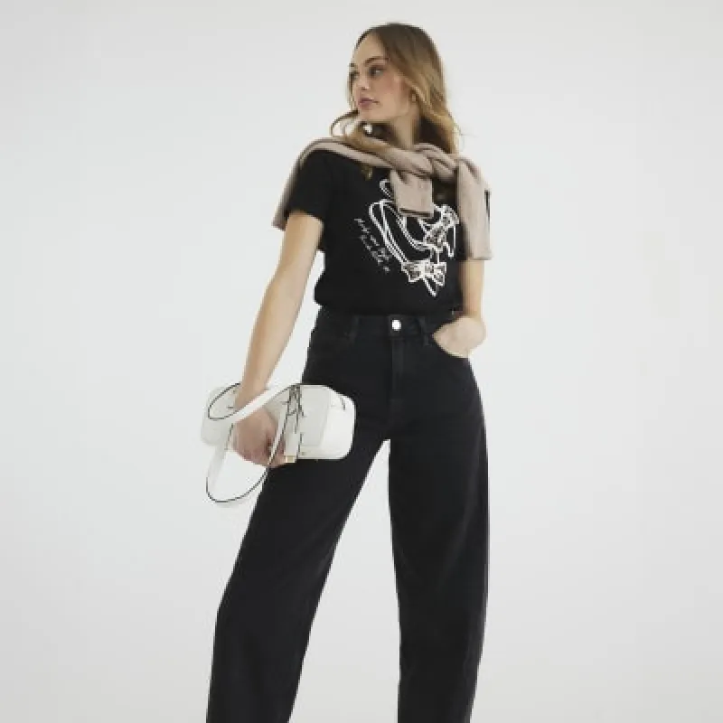 Black Short Sleeve Leopard Bow Heel T-Shirt sold by River Island