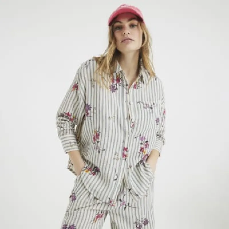 Cream Floral Stripe Embroidered Shirt sold by River Island