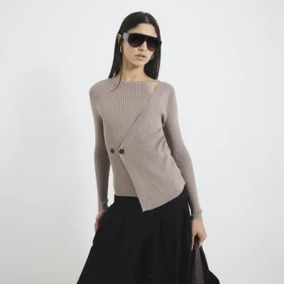 Beige Long Sleeved Wrap Asymmetric Top sold by River Island