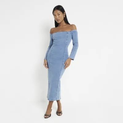 Petite Blue Denim Bardot Stretch Midi Dress sold by River Island