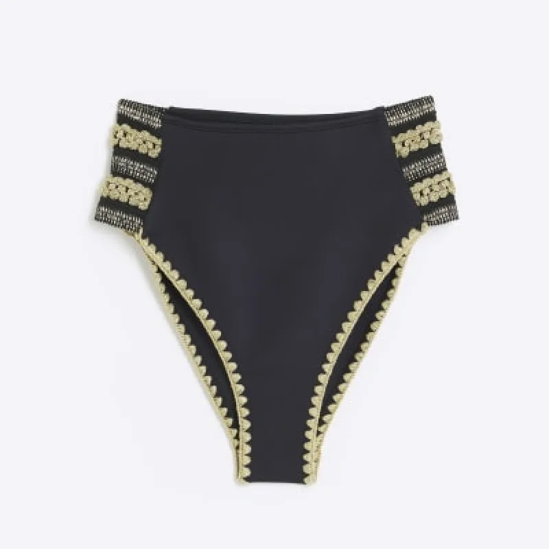 Black Embroidered High Waisted Bikini Bottoms sold by River Island