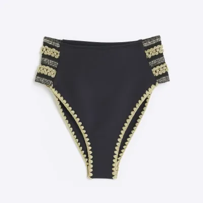 Black Embroidered High Waisted Bikini Bottoms sold by River Island