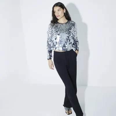 Silver Premium Sequin Long Sleeve Crop Top sold by River Island