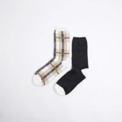 Beige Fluffy Check Socks Set sold by River Island