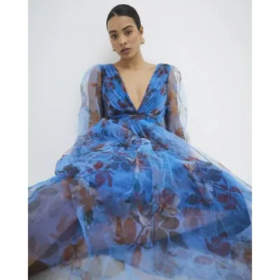 Blue Long Sleeves Floral Tiered Maxi Dress sold by River Island