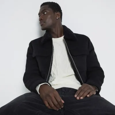 Black regular fit shearling western jacket sold by River Island
