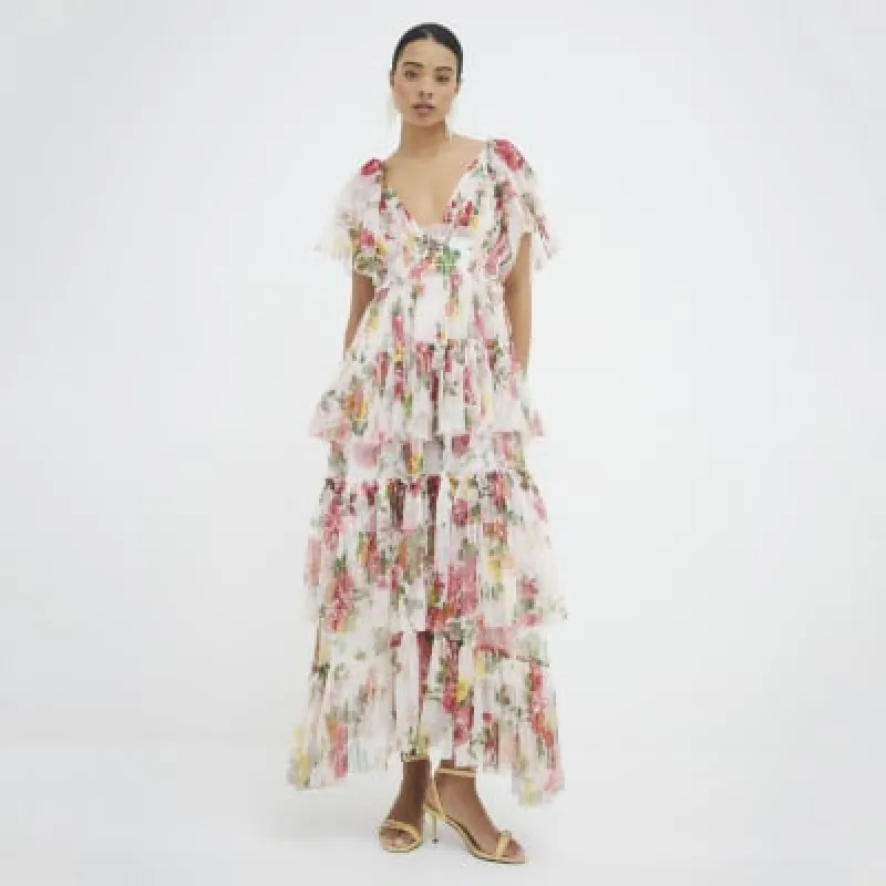 White Long Sleeve Floral Tiered Maxi Dress sold by River Island