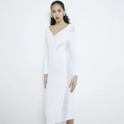 Cream Plunge Mesh Midi Bodycon Dress sold by River Island