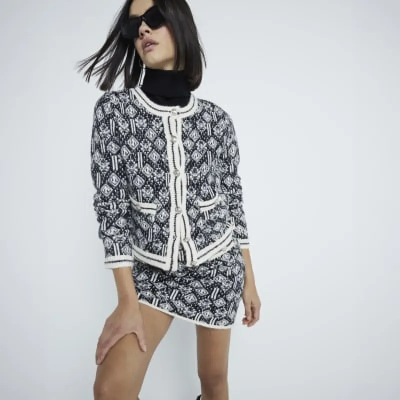 Black Geometric Lurex Knit Cardigan sold by River Island